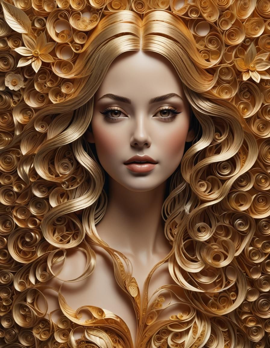 Golden Paper Haired Woman Portrait in 3D