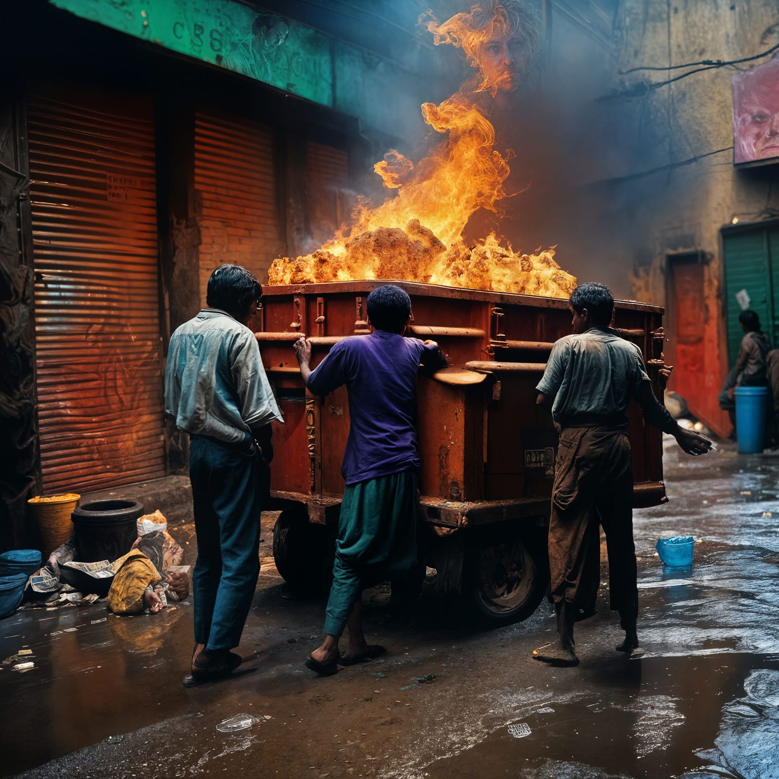 Dirty Alleyway Gamblers Illuminated by a Flaming Dumpster