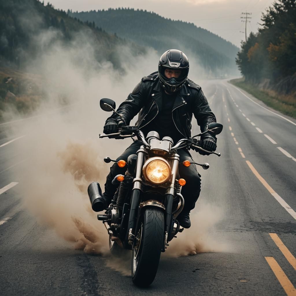 Bull Rides Motorcycle in Cinematic Realism Style