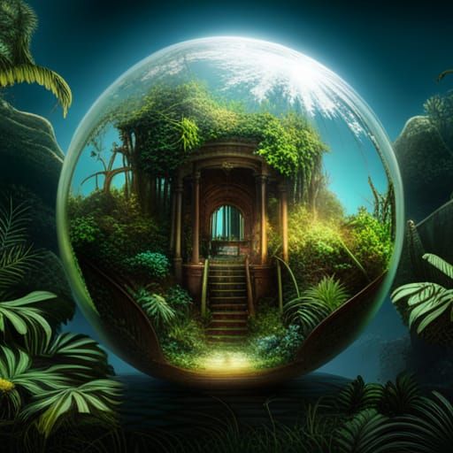 Crystal Terrarium Spheres Floating in Jungle: Digital Matte ...