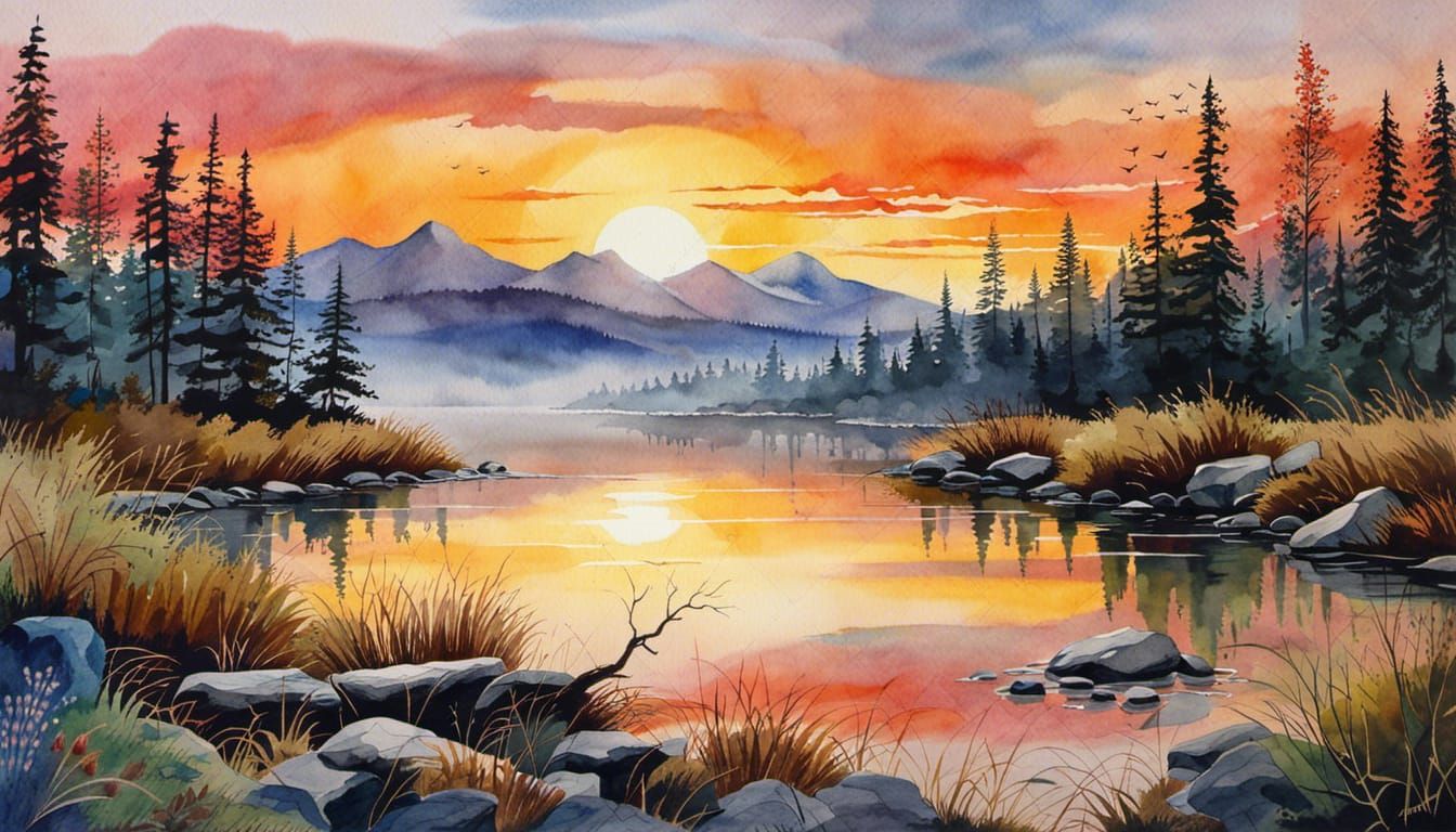 "Spectacular masterpiece amazing and intricate nature watercolor sunrise landscape with perfect composition"-4444-50