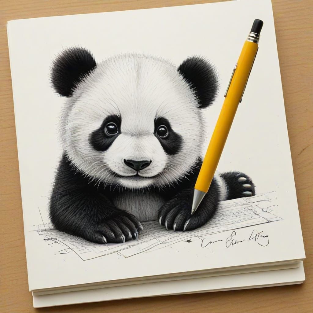 Baby Panda Emerges from Notebook Paper in Whimsical Mixed Me...