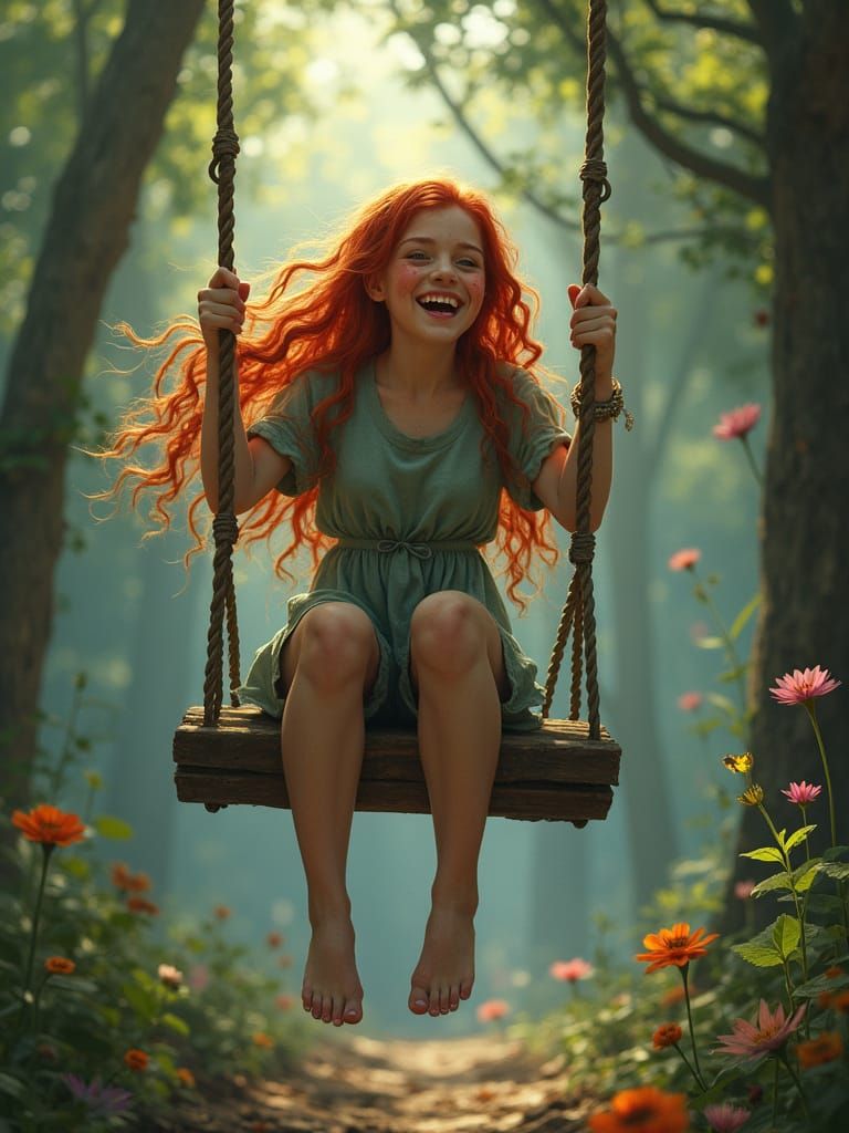 Redhead Girl on Swing: Fantasy Matte Painting