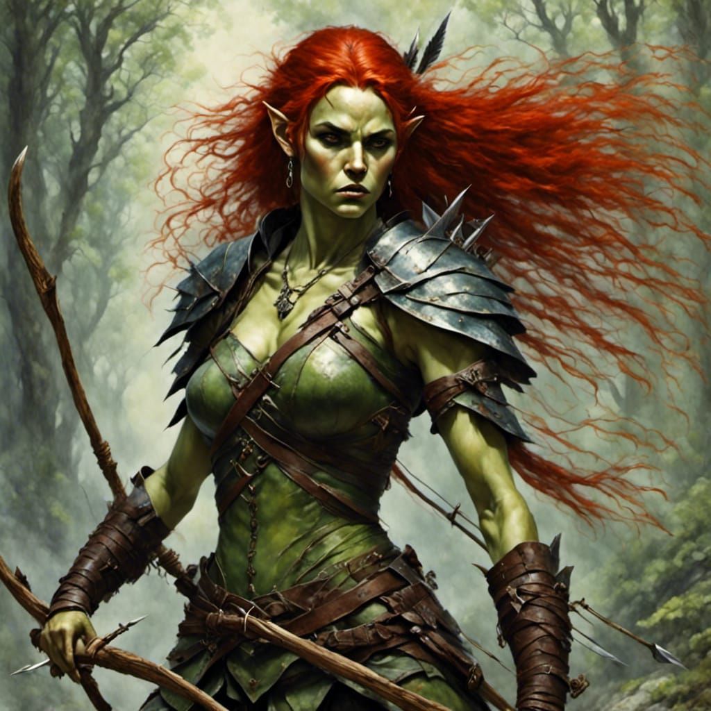 Half Orc Half Elf warrior archer, androgynous appearance, pa...