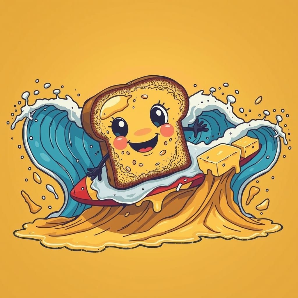 Toast Surfing Butter Waves: Cartoon Vector Illustration