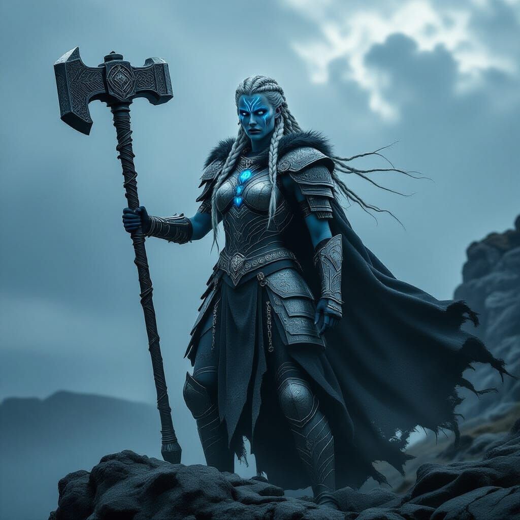 Battle Goddess with Hammer on Rocky Cliff