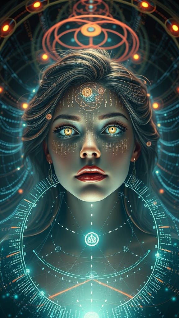 Ethereal Goddess of Quantum Wisdom in Virtual Temple