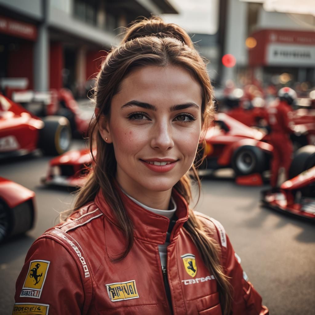 Beautiful Woman in Ferrari F1 Suit Portrait