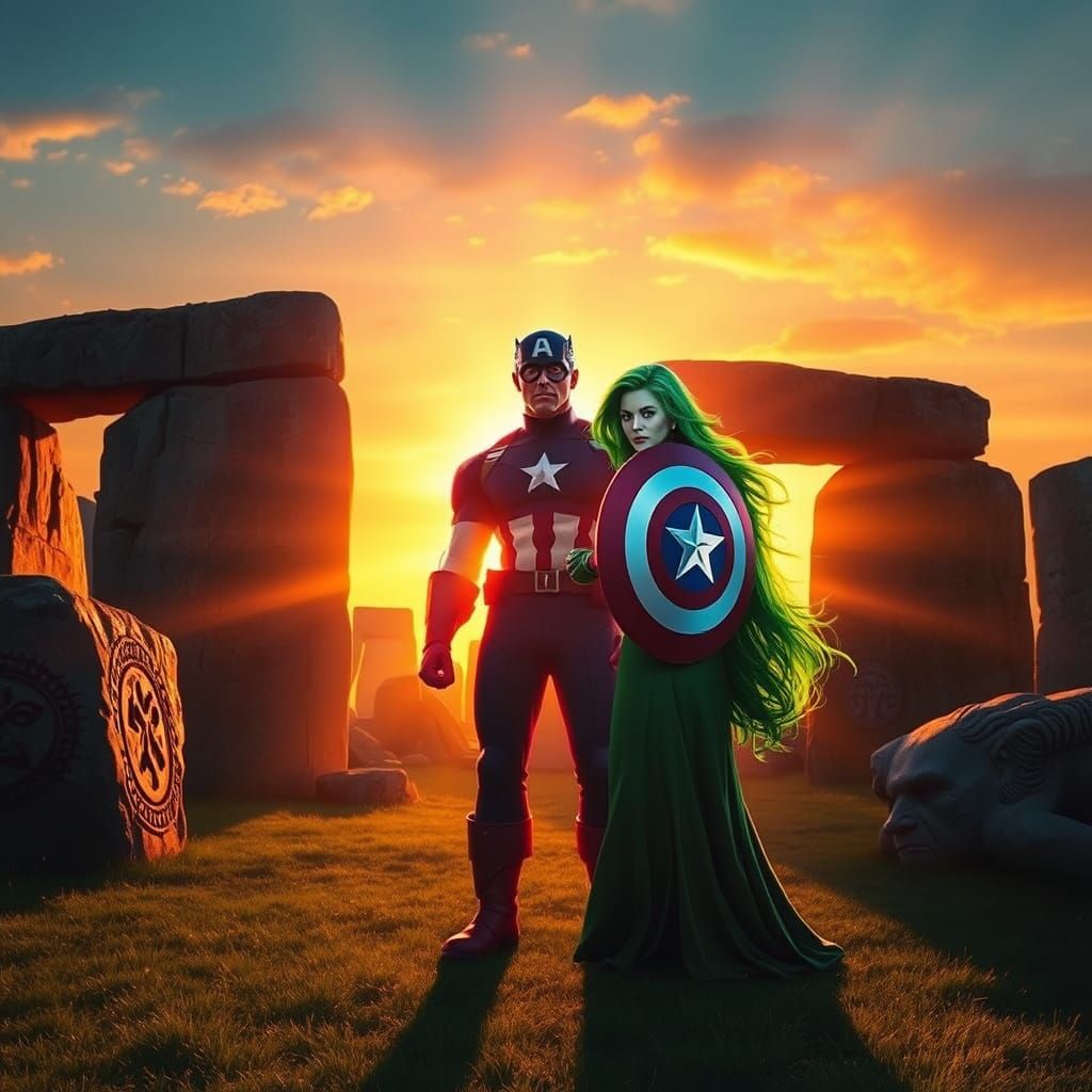 Captain America Among Celtic Gods at Stonehenge Sunset in Ne...