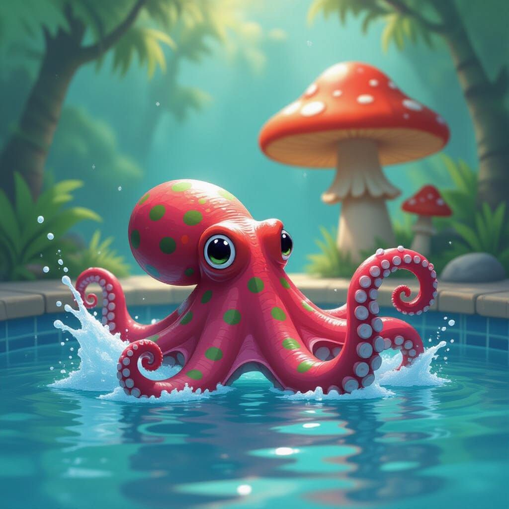 Octopus in Pool with Mushroom, Treasure Planet Style