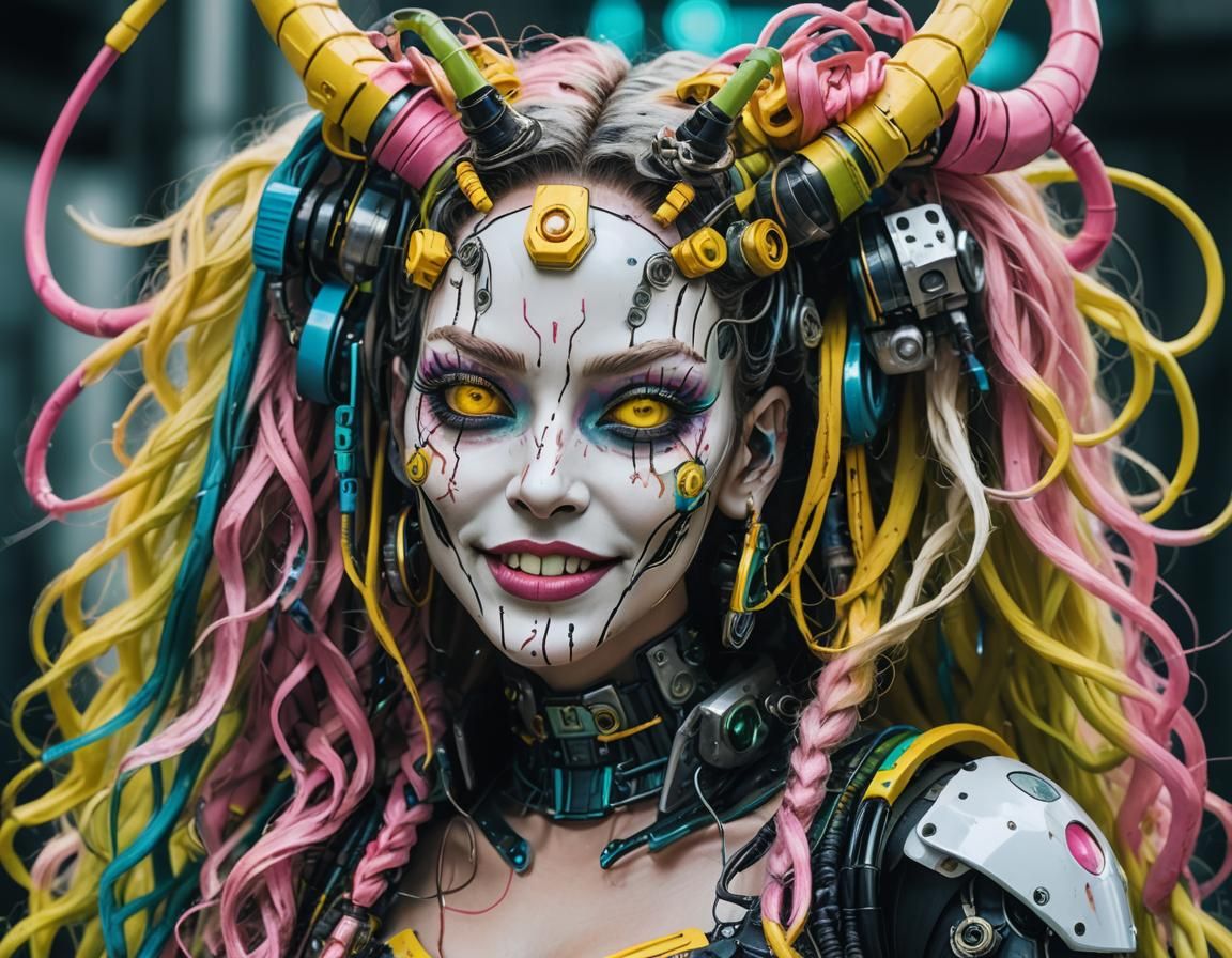 Cyberpunk Robot Portrait with Horns and Wires