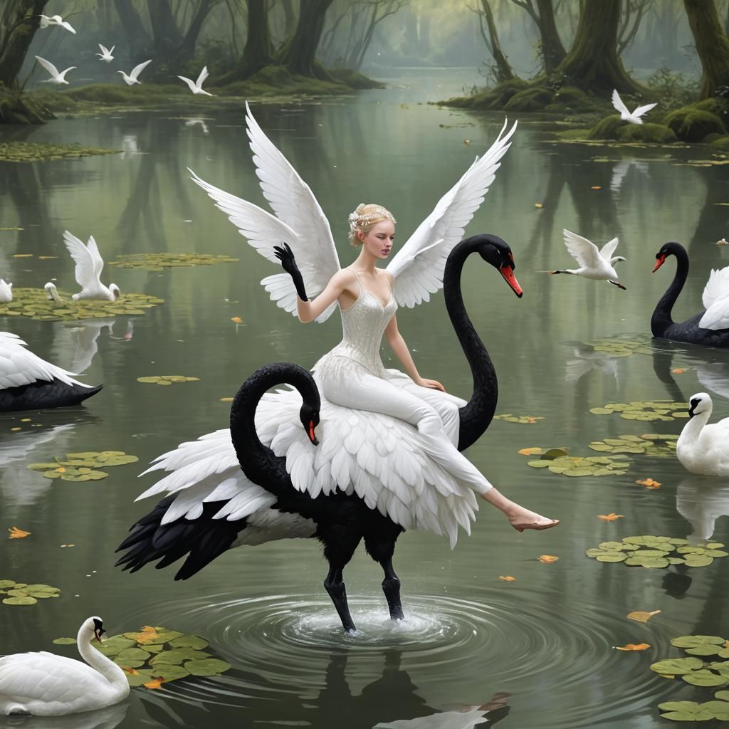 Fairy on Black Swan Fantasy Scene