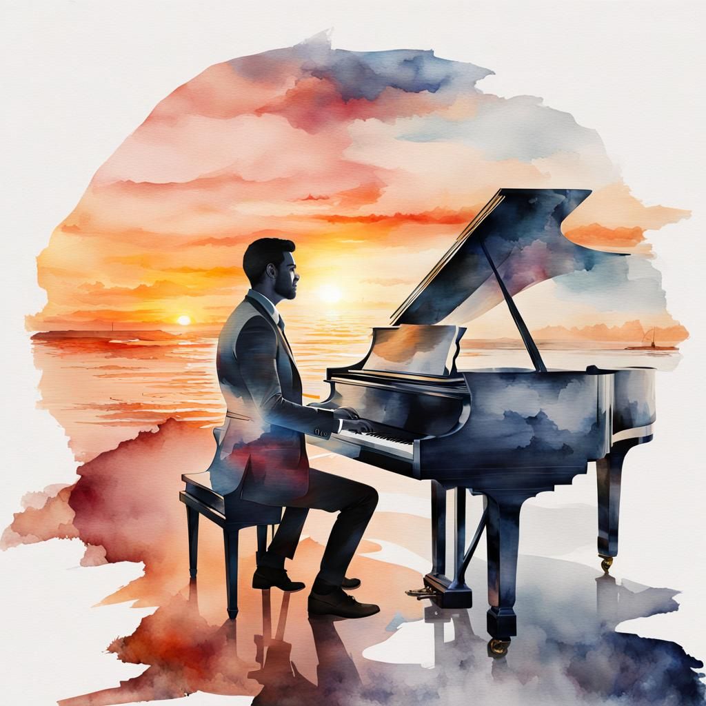 Watercolor Double Exposure: Man, Sunset, and Piano