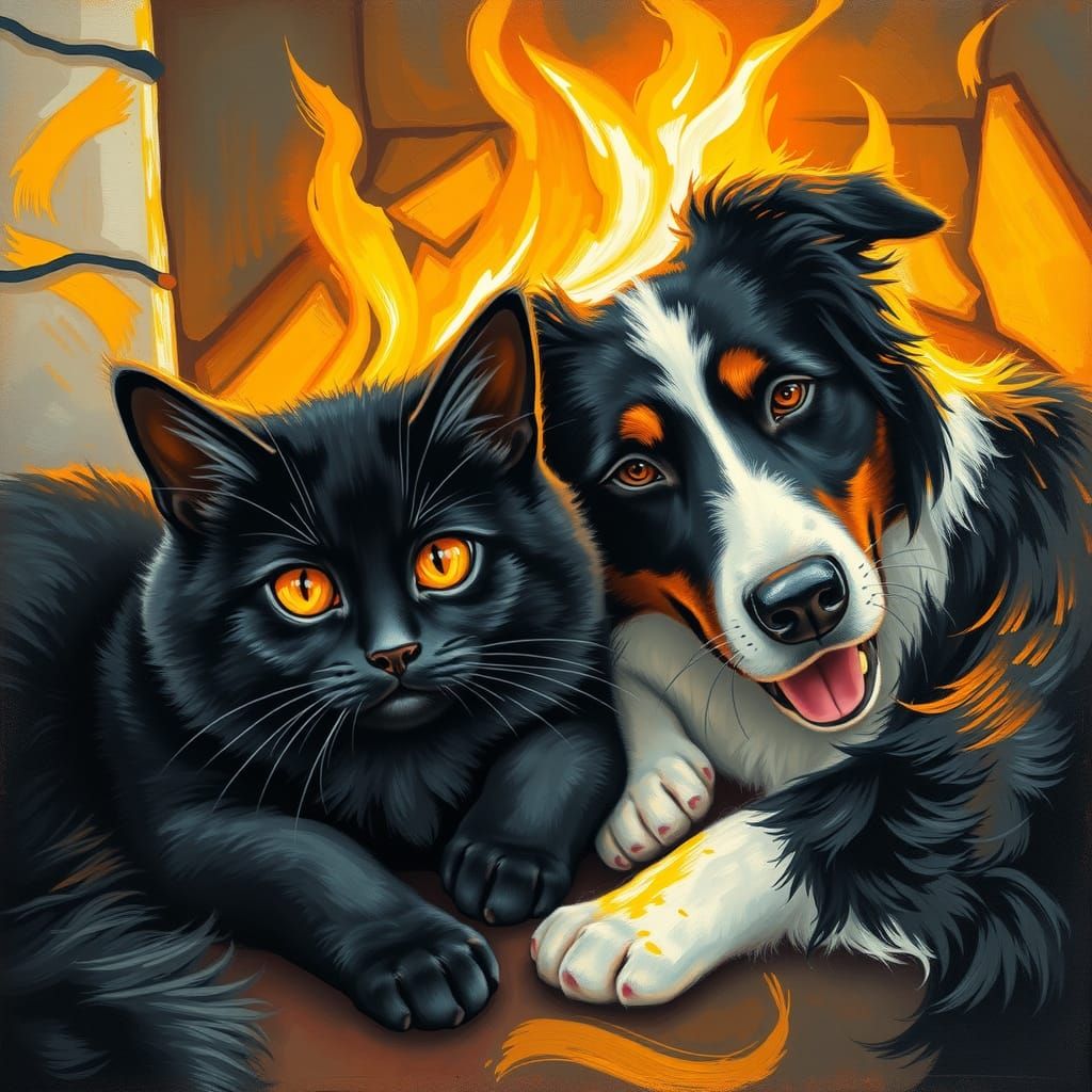 Cat and Dog Snuggle in Abstract Expressionist Style