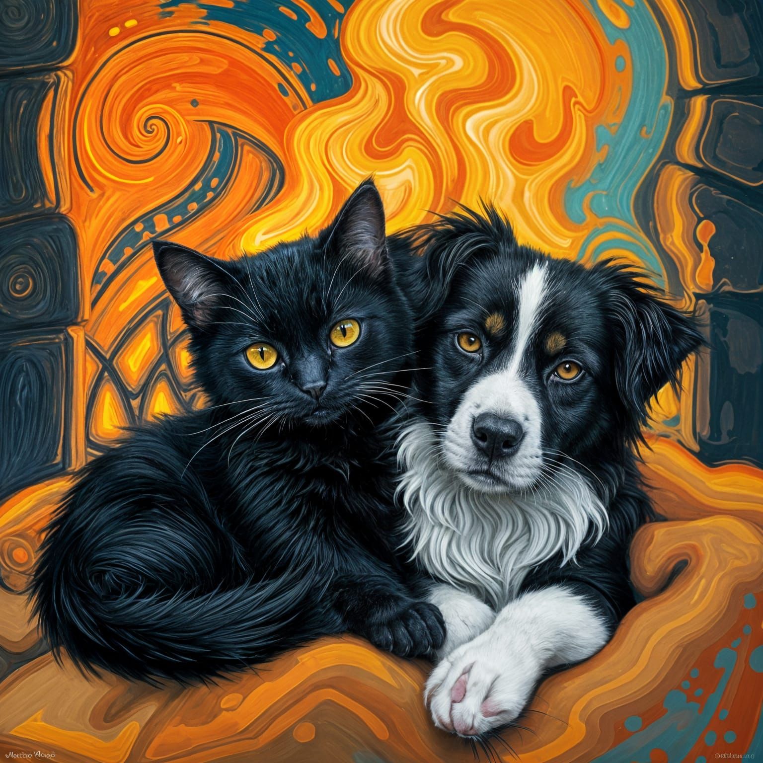 Cat and Border Collie Snuggle in Abstract Art
