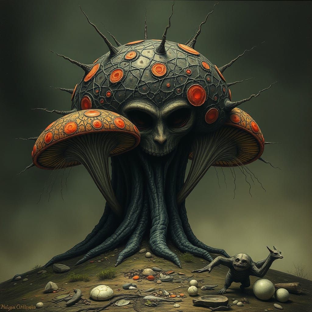 Surreal Fungus Blooms in Mysterious, Dreamlike Landscape