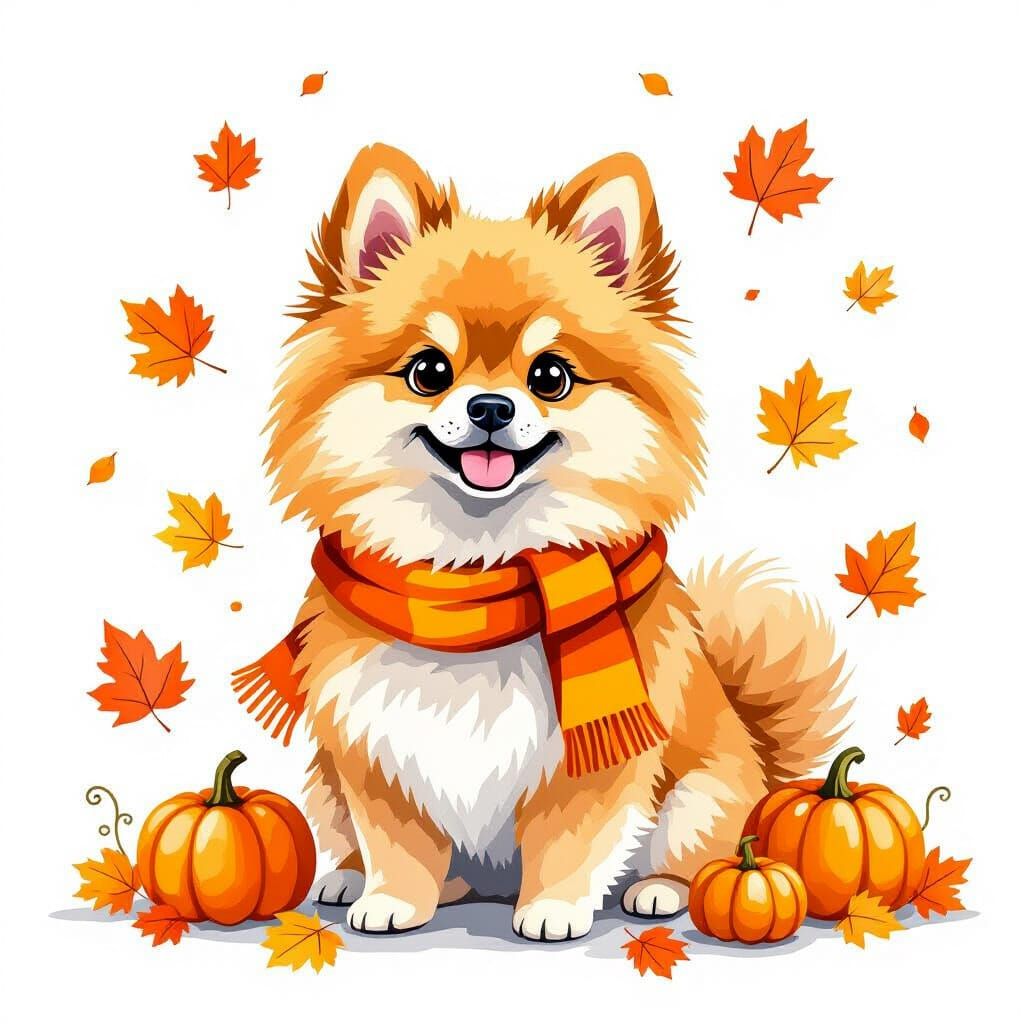 Whimsical Pomeranian in Watercolor Autumn Scene