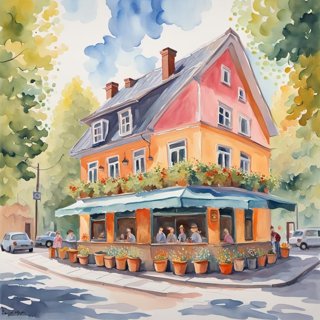 Vegan Restaurant in Gouache Style, Impressionist Painting