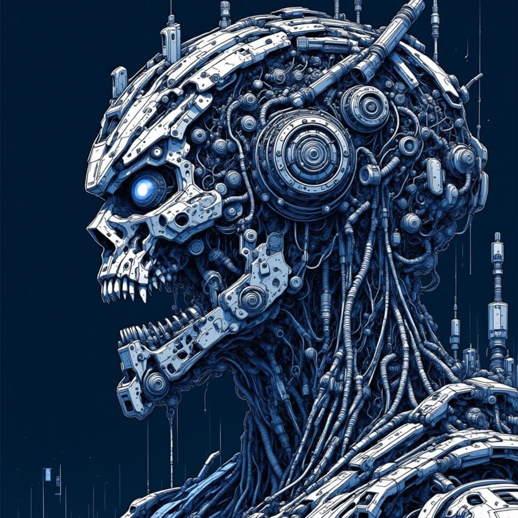 Intricate Mecha Line Art Diagram in Dark Blue
