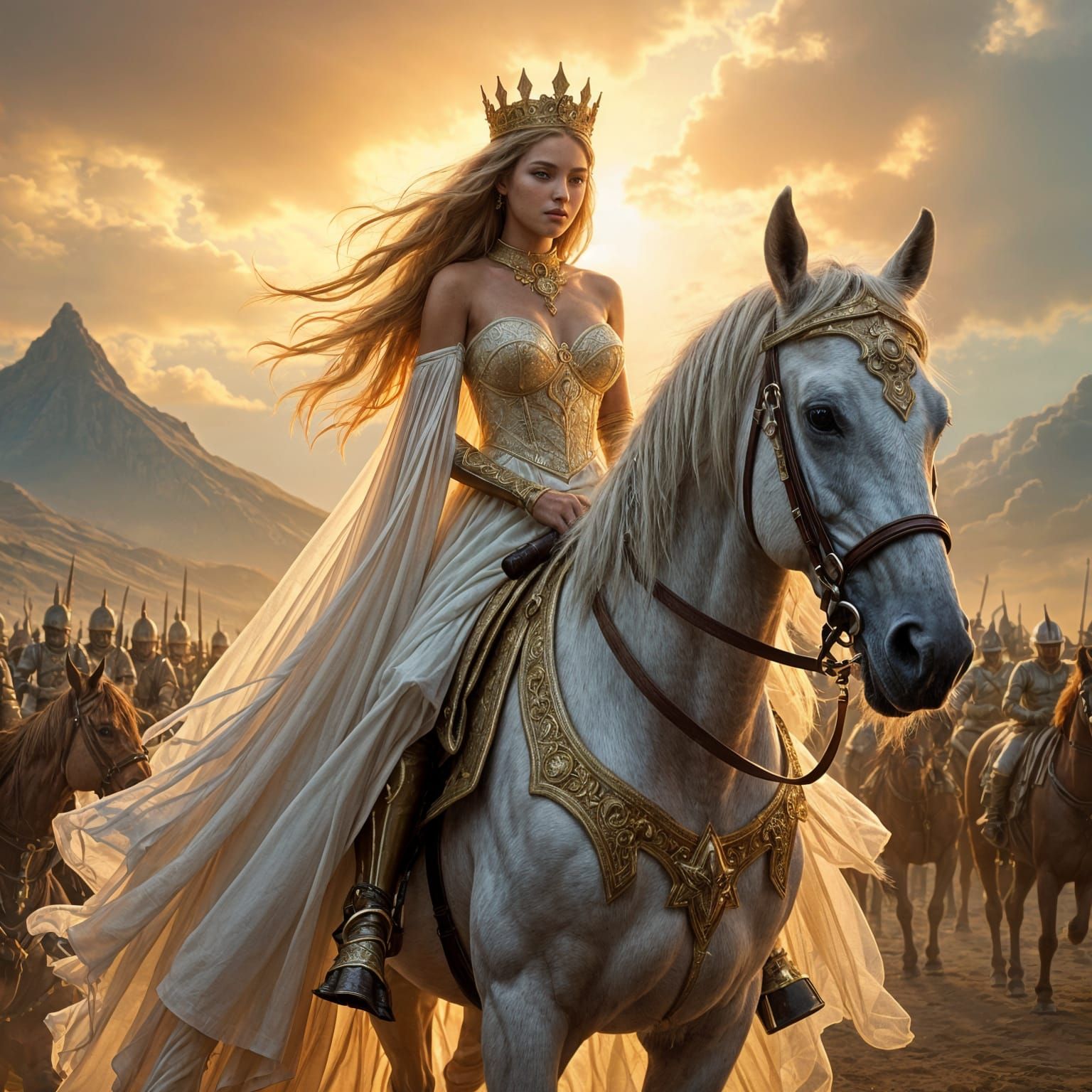 Golden Queen on Armored Horse, Fantasy Illustration