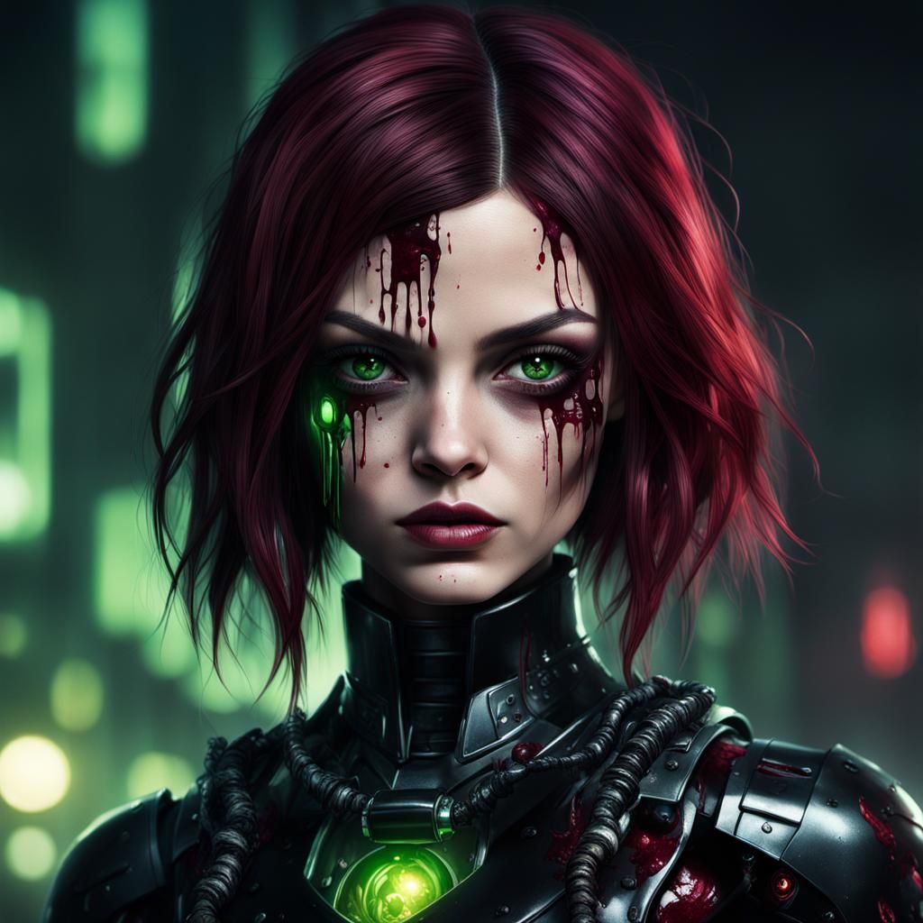 Cyberpunk Goth Robot with Red Hair in 8K