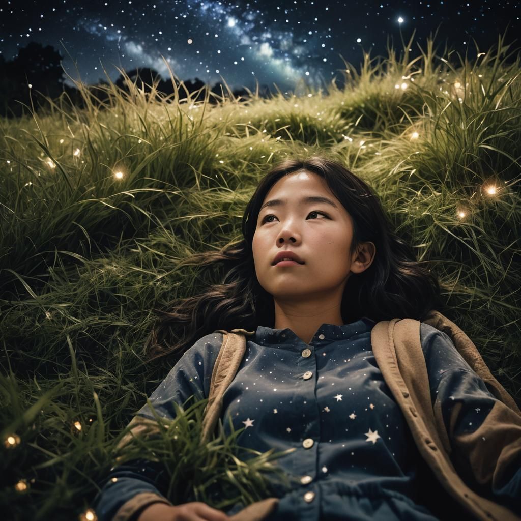 Girl Stargazing on Grassy Hill Under Starry Sky