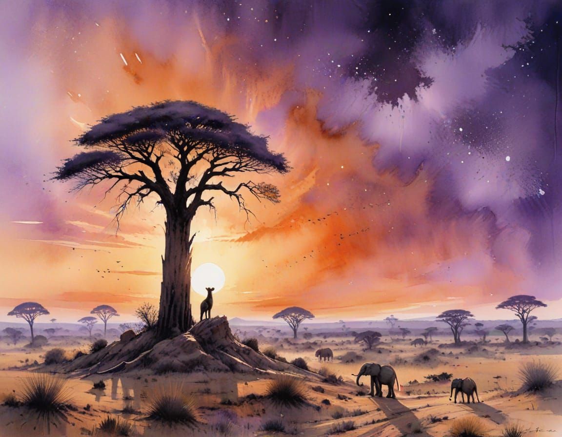 African Savanna Dusk Scene in Expressive Watercolor