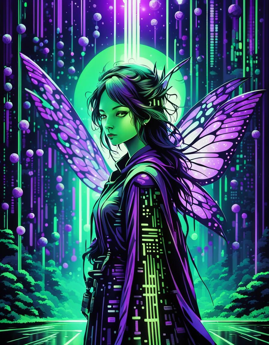 Futuristic Fairy in Binary Code Dreamscape
