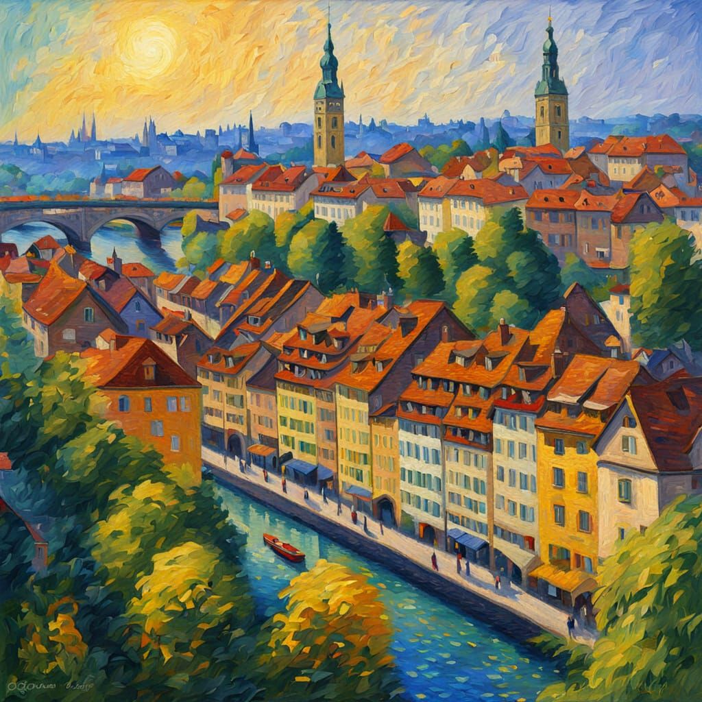 Bern, Switzerland: Neo-Impressionist Expressionist Oil Paint...