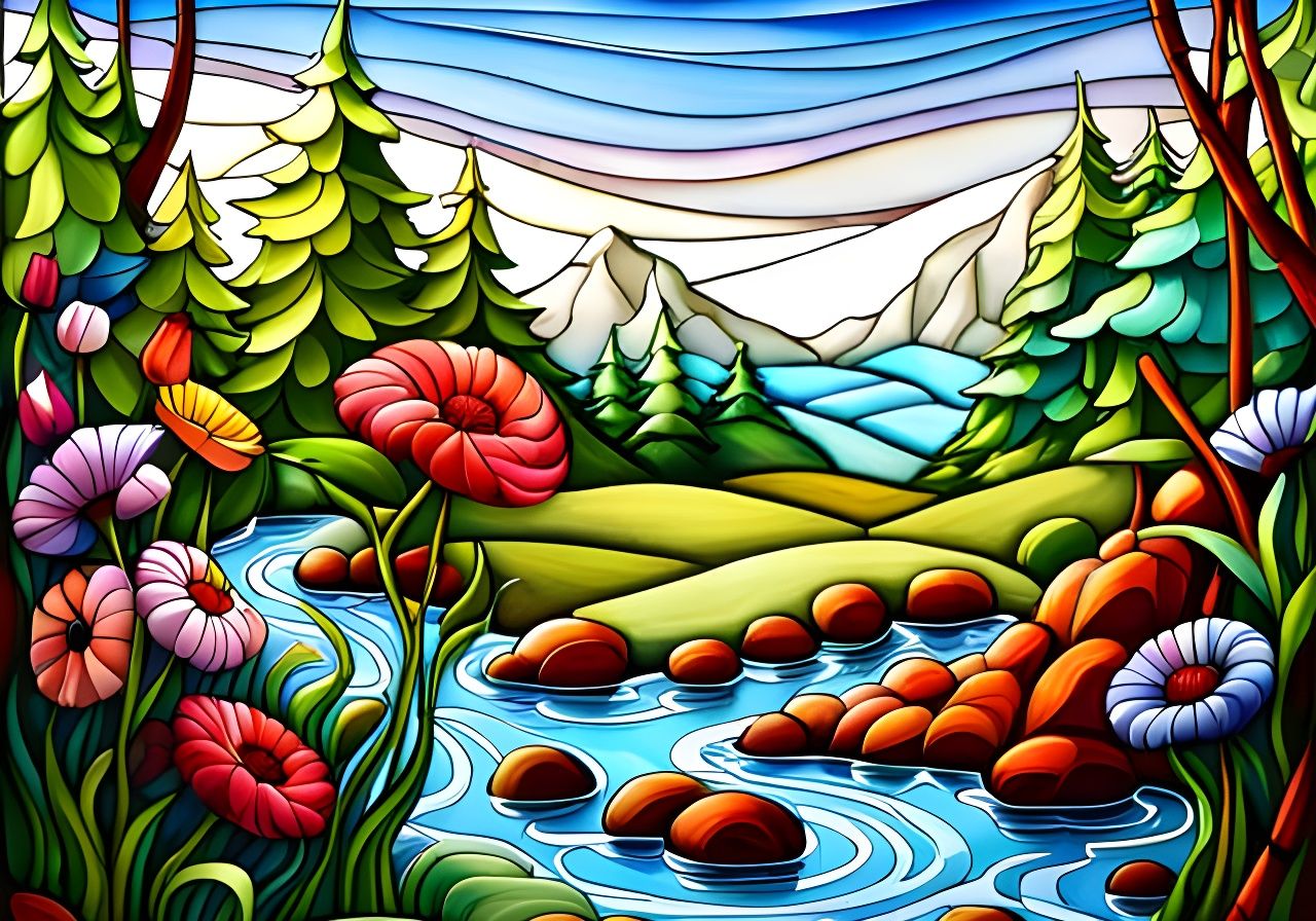 Enchanted Forest in Realistic Stained Glass Style