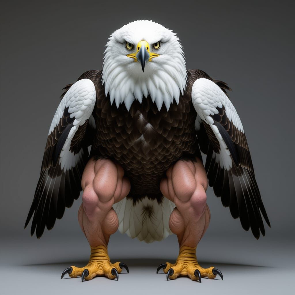 "Visualize a peculiar, bipedal white and black eagle. Its ma...