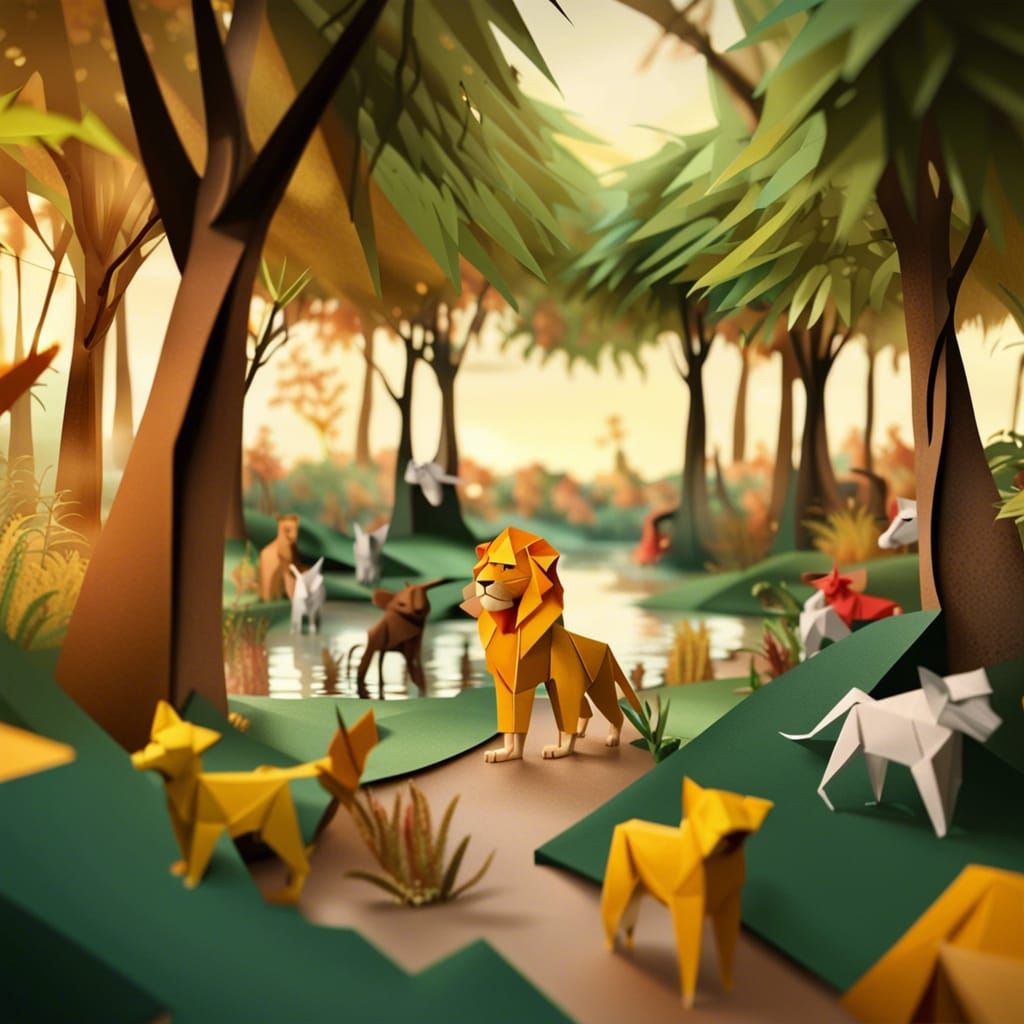 Origami Animals Meeting in Forest Scene