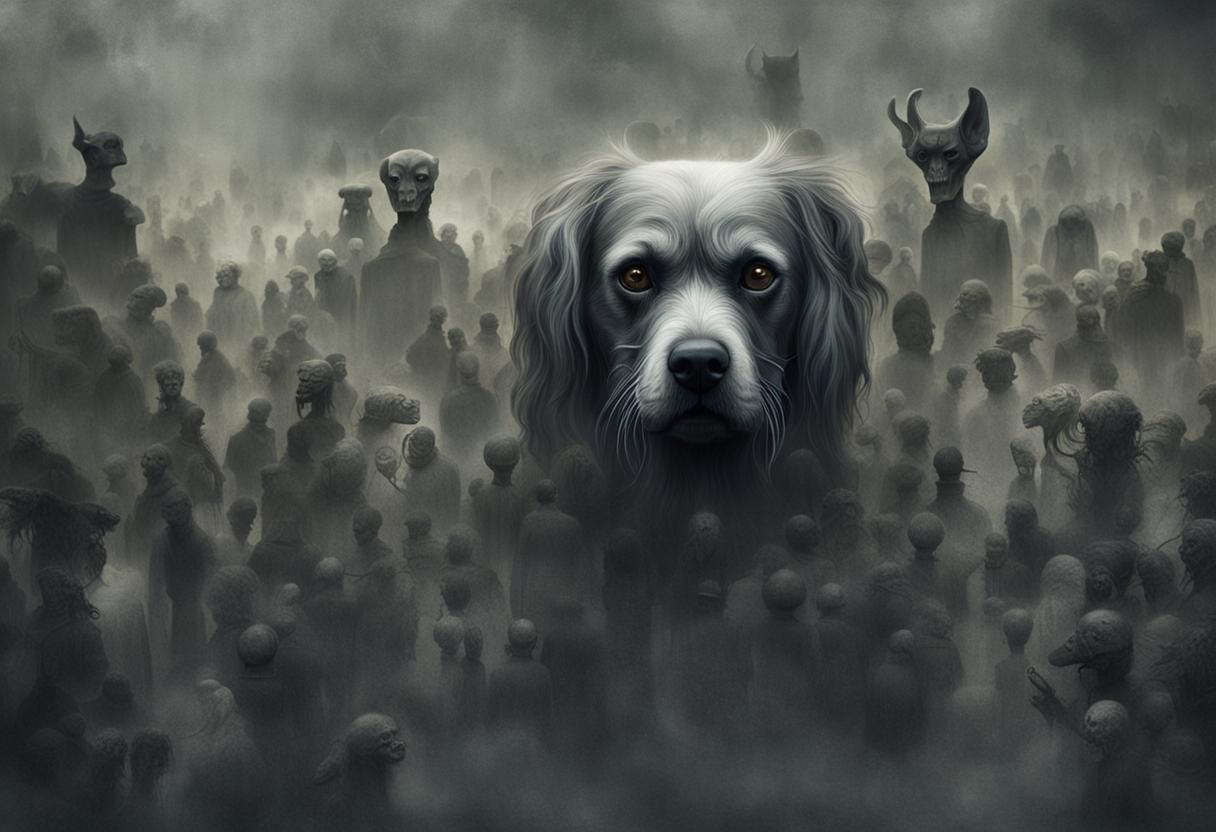 Eerie Surreal Dog Surrounded by People
