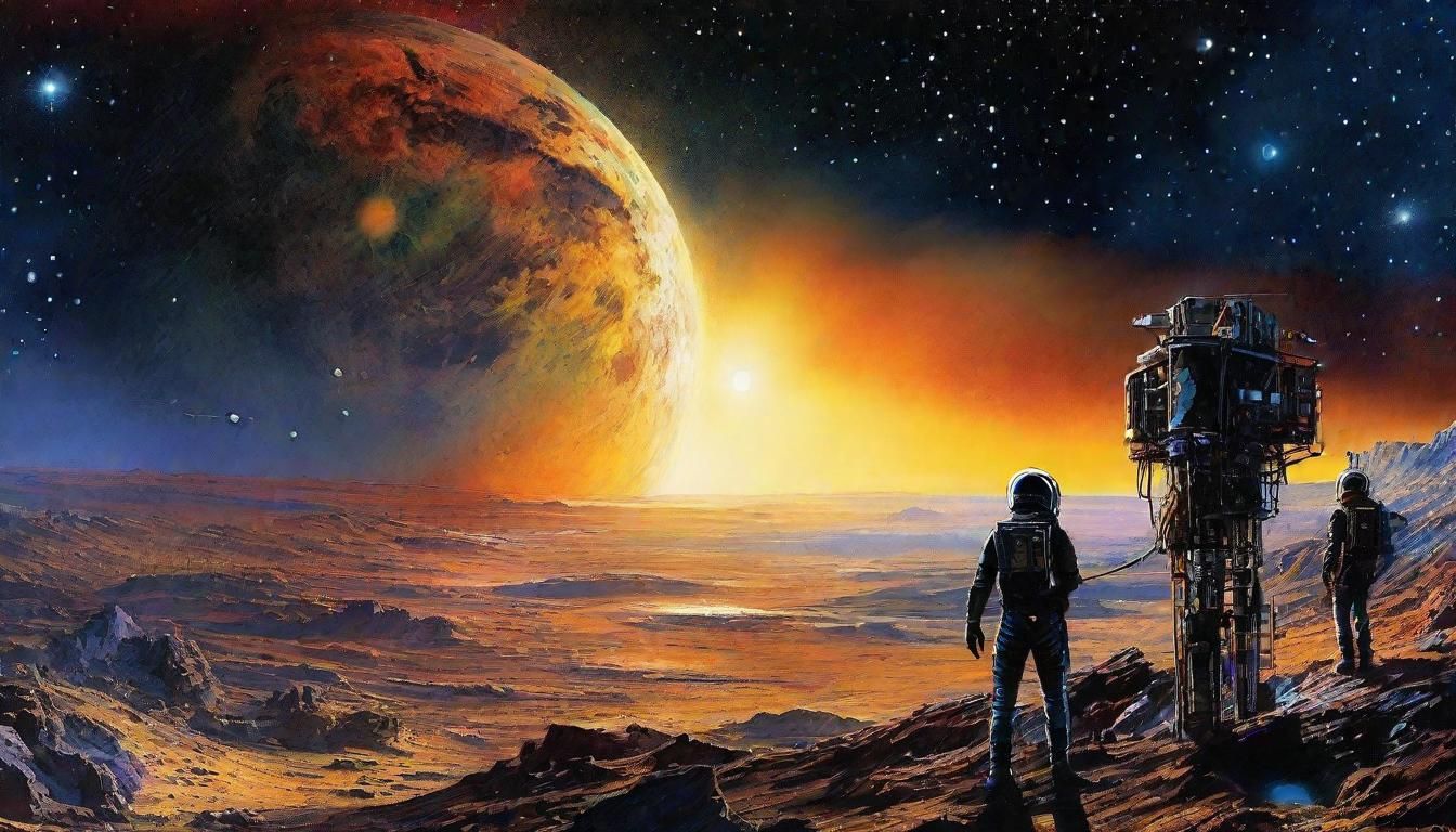 Spacestation Orbiting Alien Planet in Retro-Futuristic Style