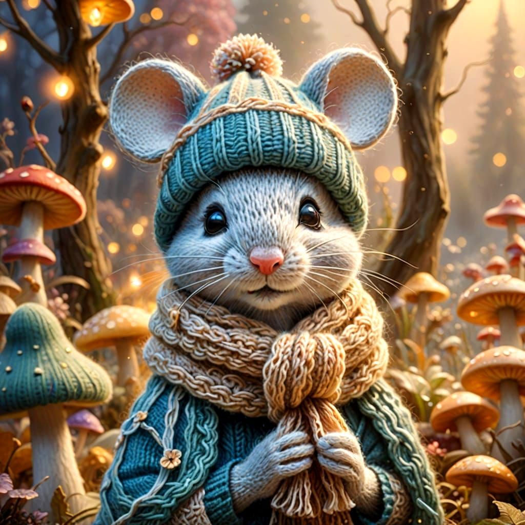 Cute Knitted Mouse on Mushroom in Ethereal Fantasy Style