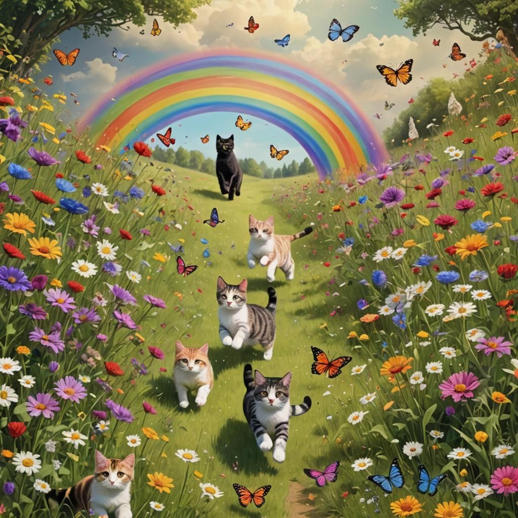 Cats Descending Rainbow into Flower Meadow