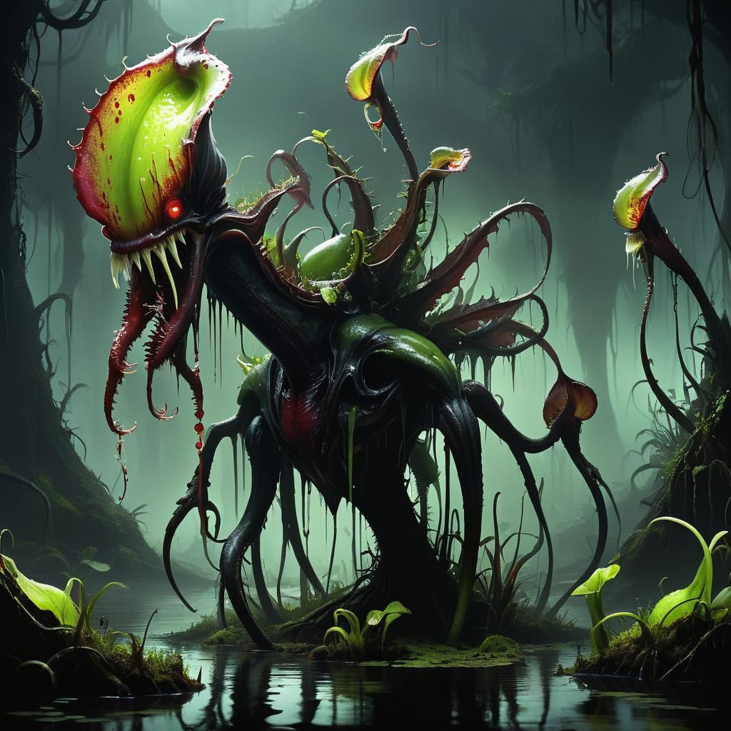 Alien Carnivorous Plant in Toxic Swamp: Dark Fantasy Illustr...