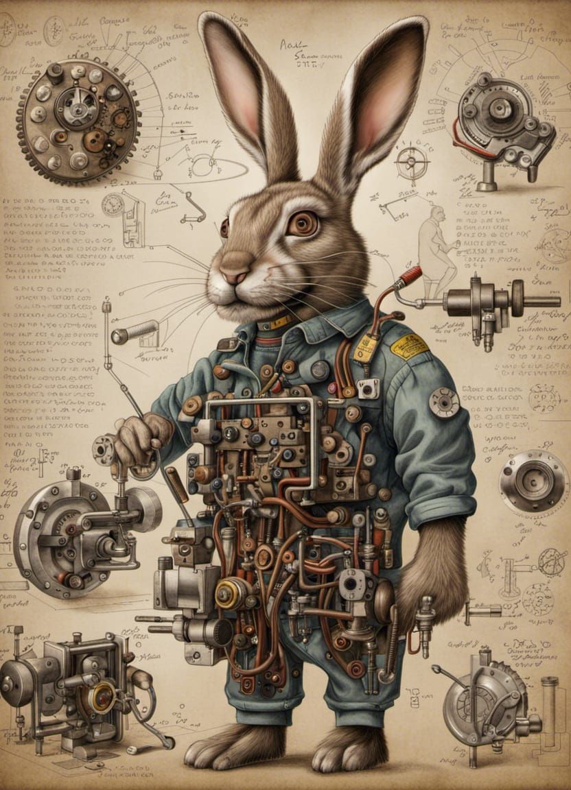 Hyperrealistic Mechanic Rabbit Composed of Machine Parts