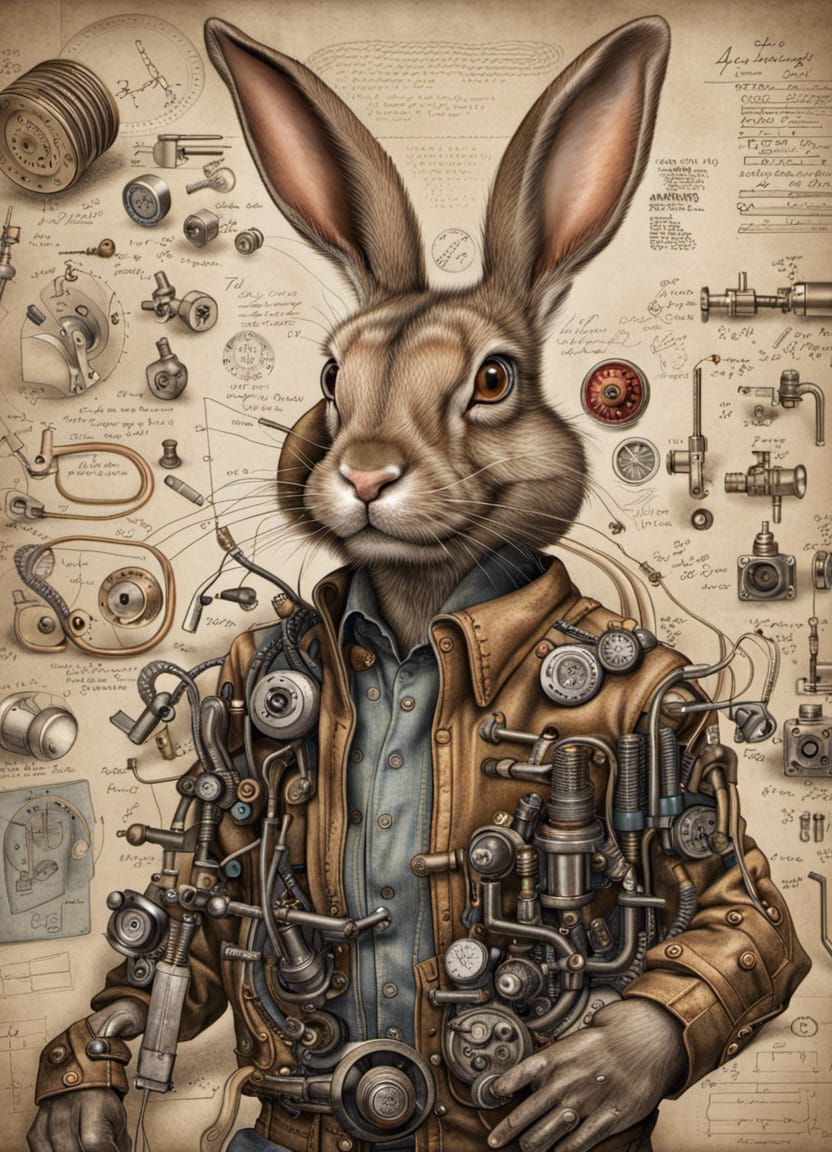 Hyperrealistic Anthropomorphic Mechanic Rabbit Drawing