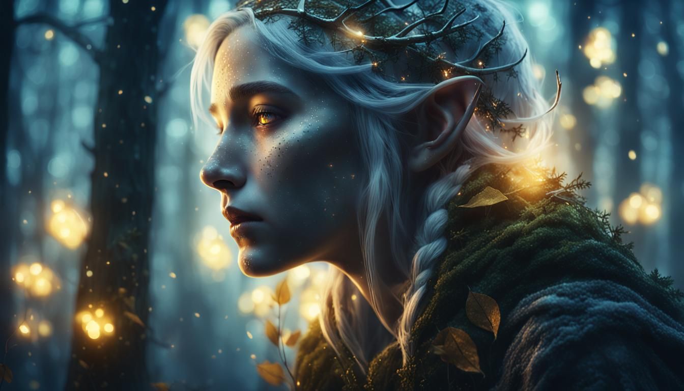 Sorrowful Elf in Misty Forest: Hyper-Realistic Digital Art