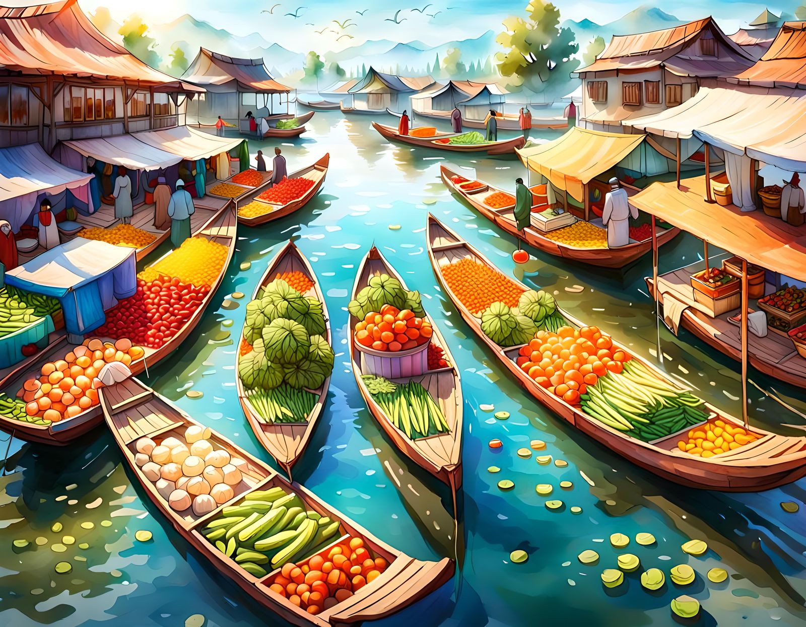 Floating Vegetable Market on Dal Lake, Watercolor Style