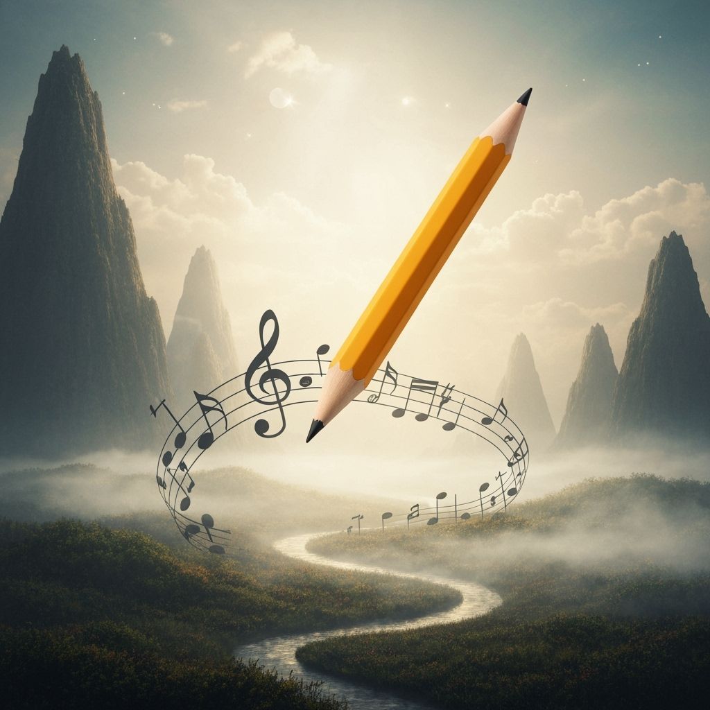 Pencil Transforms Into Musical Notes In Dreamy Landscape