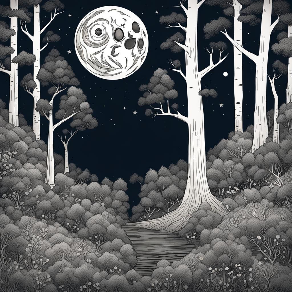 Forest in a Sphere with Moon, Grayscale Drawing