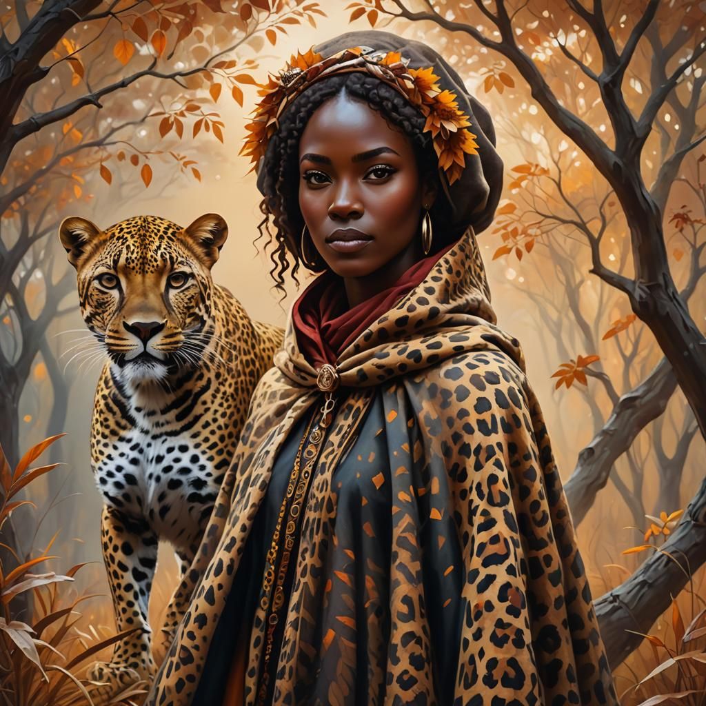 Woman and Leopard in Mystical Savanna Oil Painting