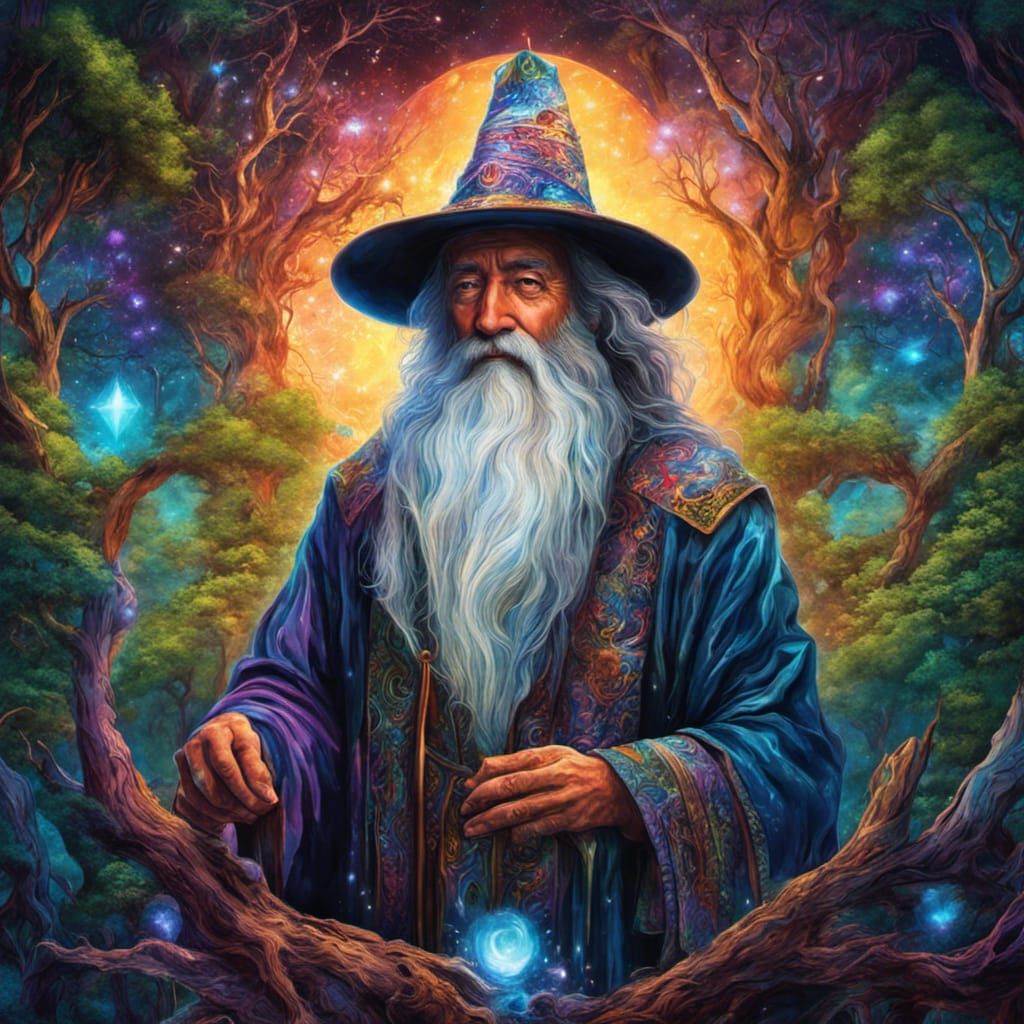 Old Mage in Forest: Cosmic Illustration