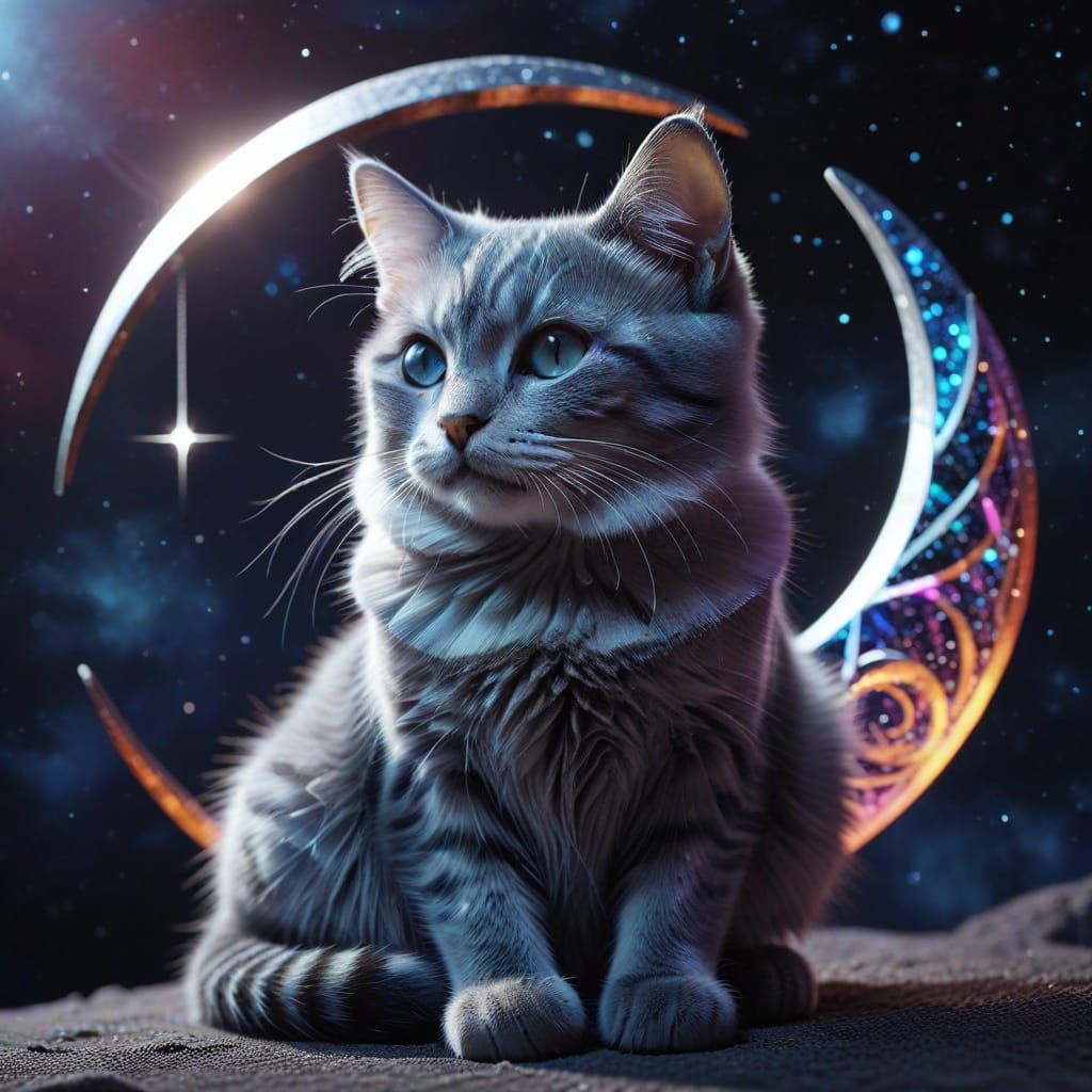 Cuddly Cat on Crescent Moon in Pop Art Style