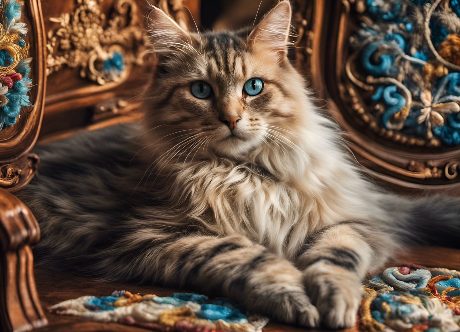 Cats on Antique Furniture with Silk Embroidery