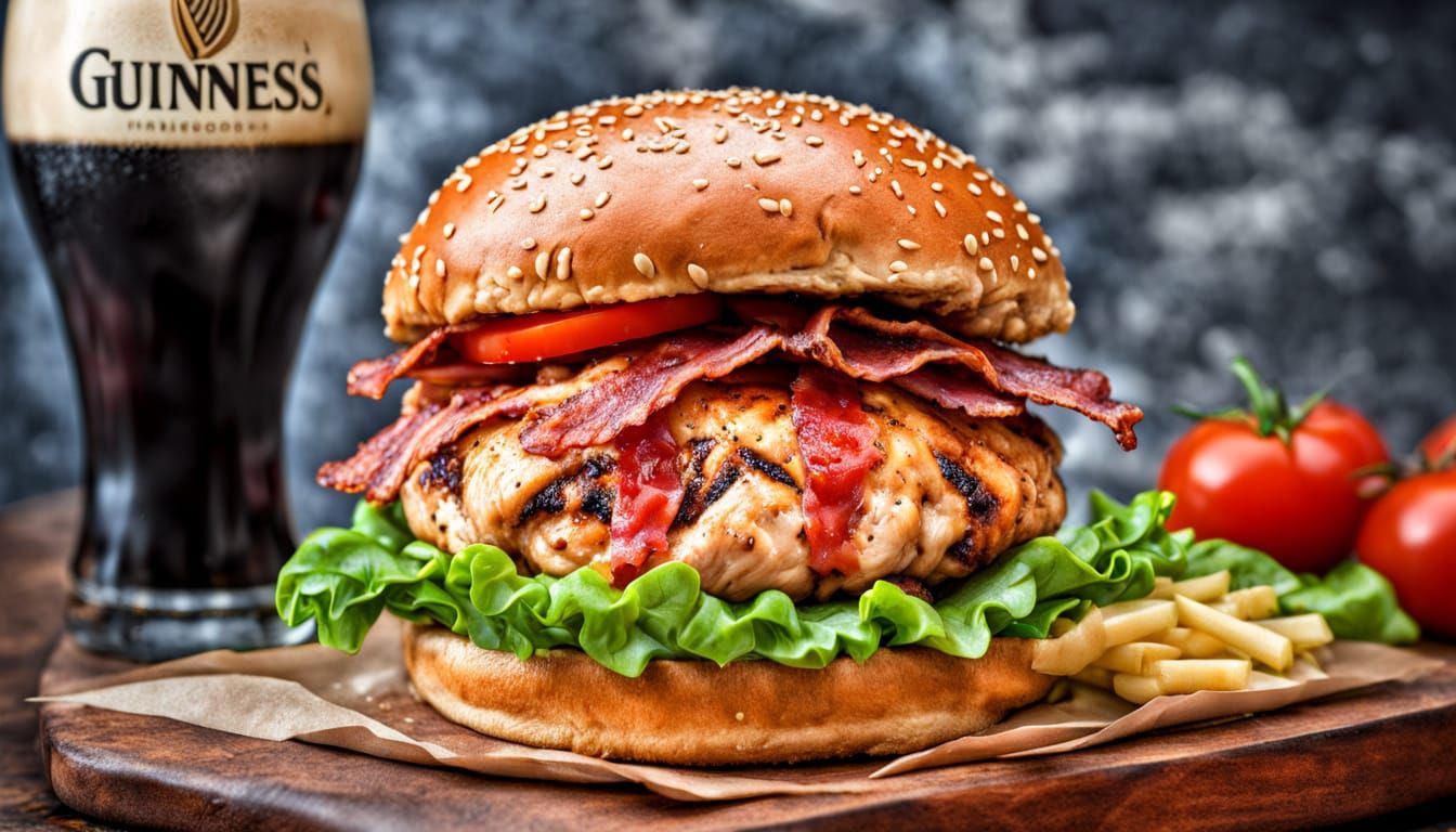Hyperrealistic Chicken Burger and Guinness Still Life