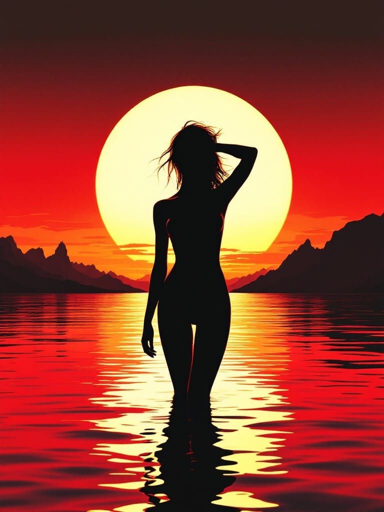 Confident Woman Silhouette at Sunset in Retro-Futuristic Sty...