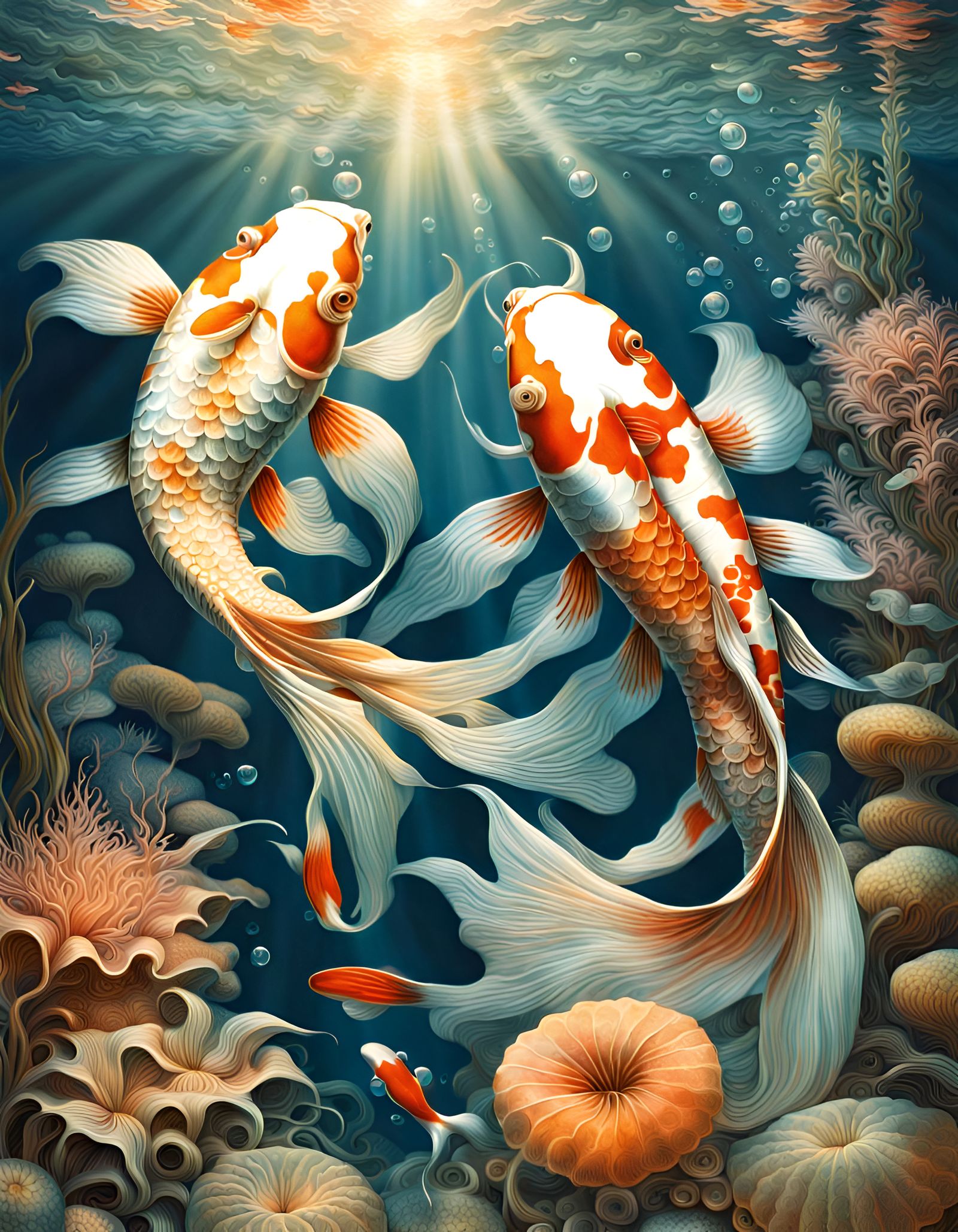 Koi Fish Underwater in Surreal Haeckel Style